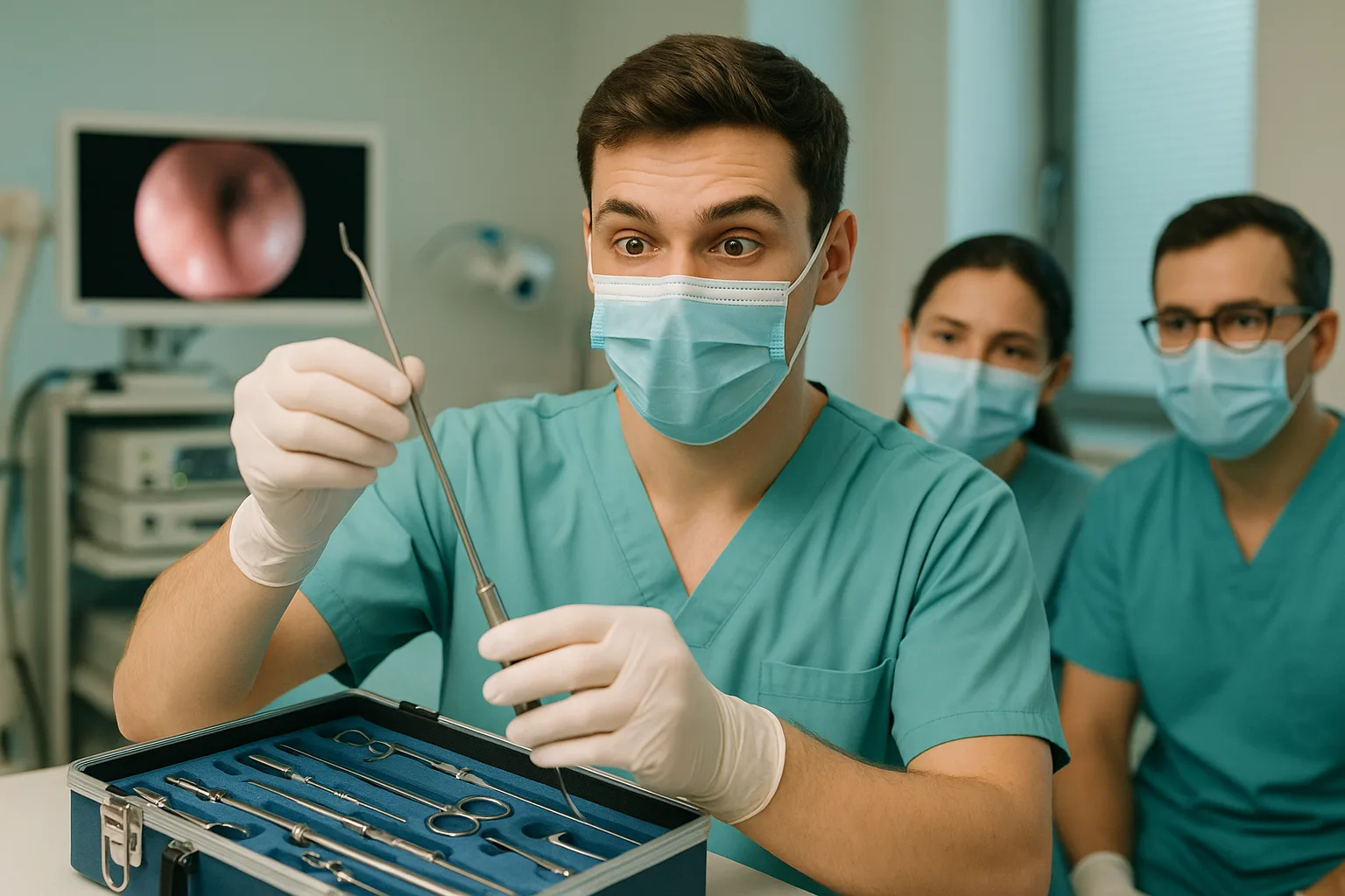 врач подготавливает инструмент перед обучающей процедурой