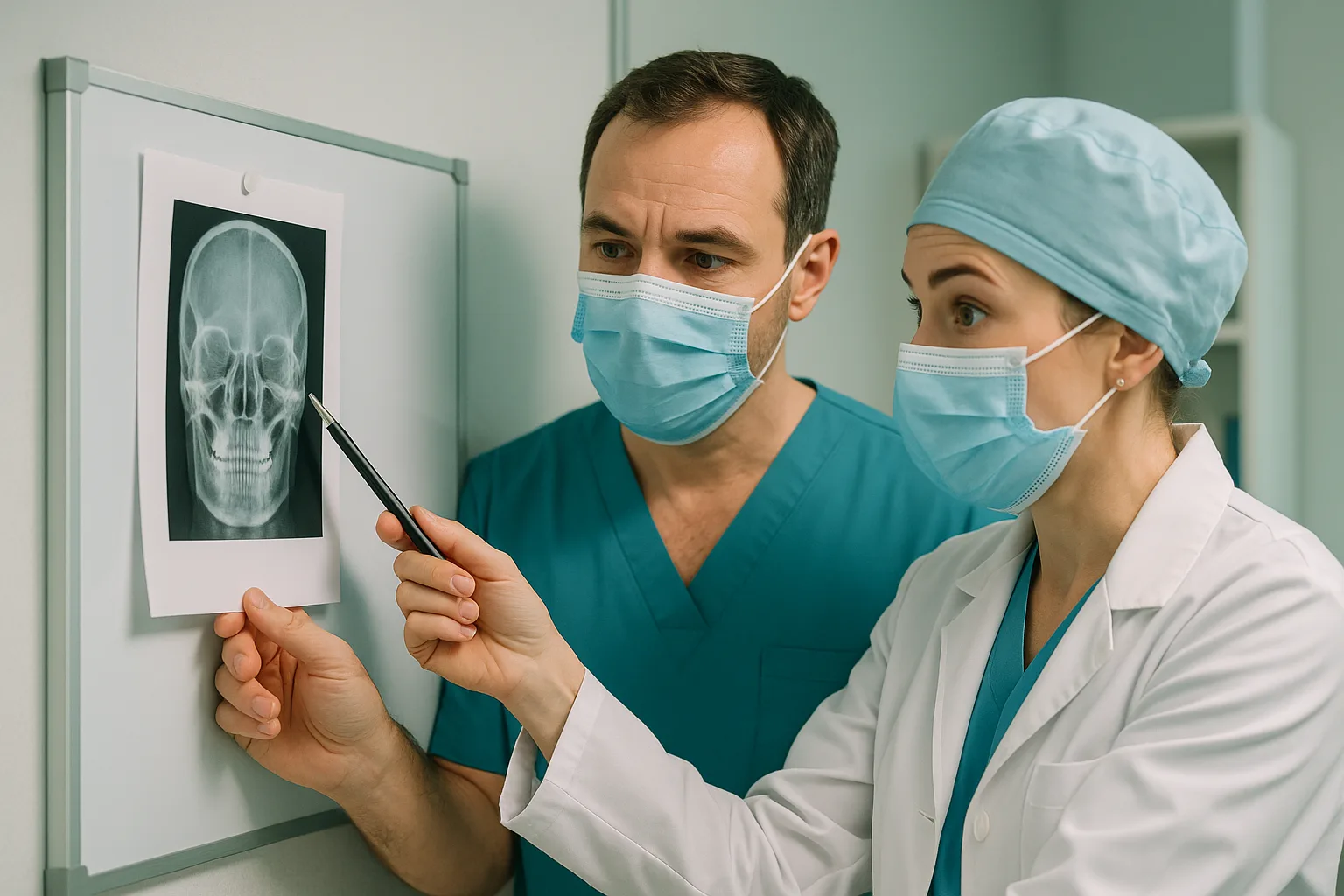 два врача обсуждают рентгеновский снимок на обучающем семинаре