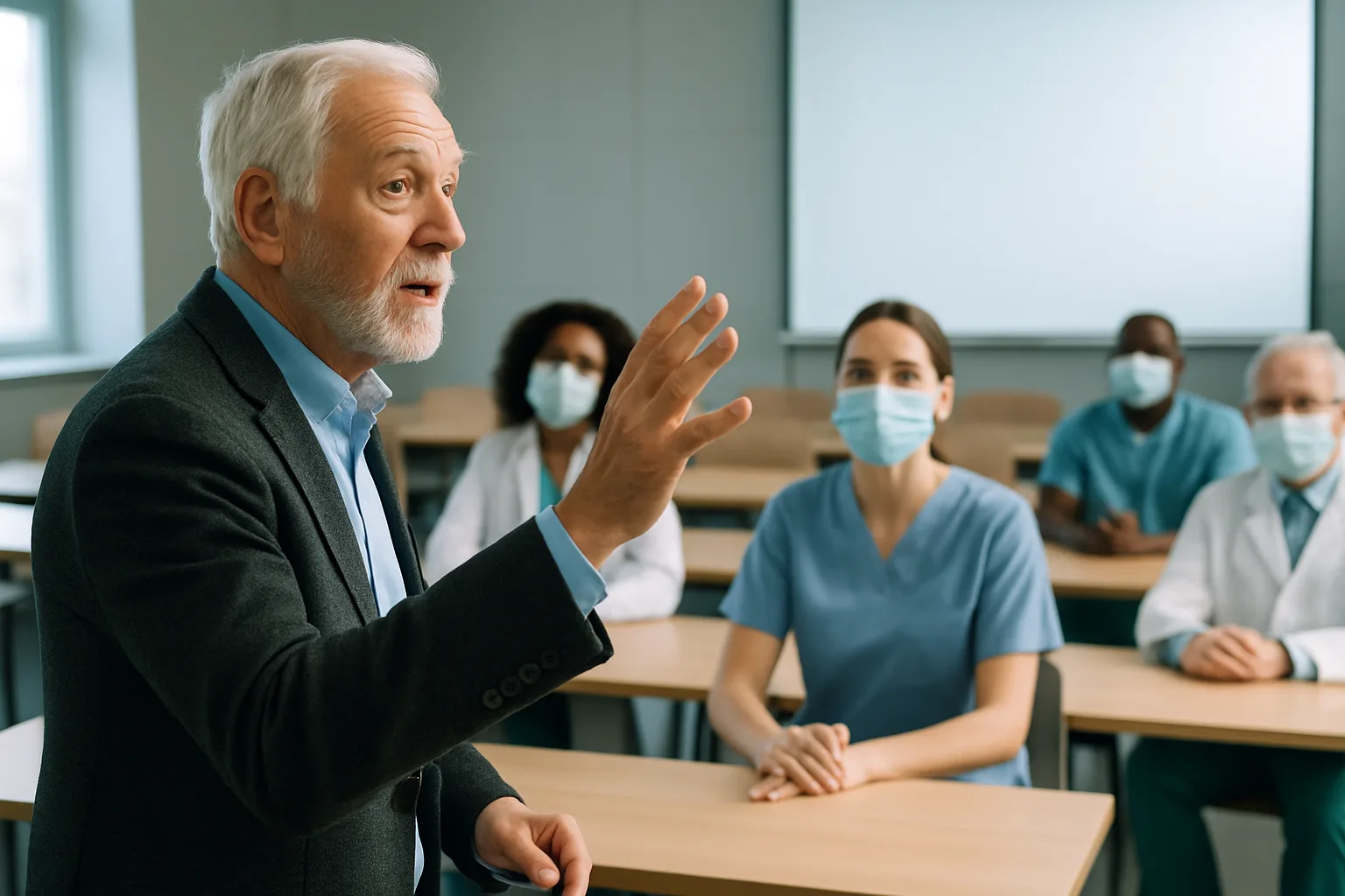 пожилой преподаватель обучает врачей в аудитории с проектором